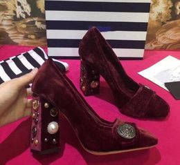 2018 Sweet Hot Black /Burgundy/Purple Flock Pumps Pearl Stamp Shoes Chunky Heel Shallow Women Pumps