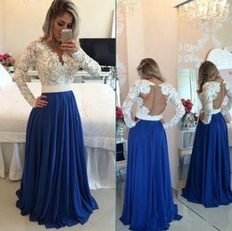 Modest White and Royal Evening Dresses Party Long Sleeve Lace Appliques V Neck Pearls Sash A Line Floor Length Chiffon Formal Prom Dress