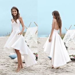 2019 Cheap Beach Wedding Dresses A Line Simple Design Informal Wedding Gowns Spaghetti Straps Backless Hi Low Bridal Dress Bridesmaid Dress