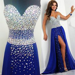 Real Pictures Sweetheart Crystal Evening Gowns Bling Royal Blue Prom Dresses High Slit New Beaded Vestidos Diamonds