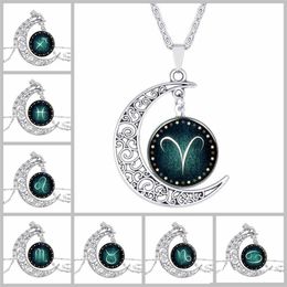 constellation signs moon time gem necklace animal Cabochon pendants glass necklaces fashion Jewellery for women girls Christmas gift