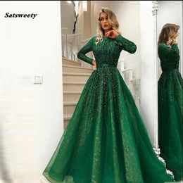Gorgeous Green Shiny Beaded Evening Dress Long Sleeves Abiye Vintage Crystal Lace Prom Gowns Vestido Longo Abendkleider
