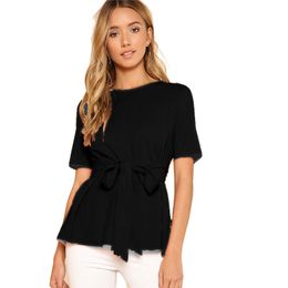 S-2XL 2018 Hot Selling Fashion Round Collar Short Sleeve Waist Belt Tops T Shirt Black Pink Free Shipping