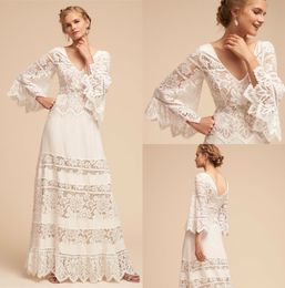 Plus Size BHLDN Wedding Dresses Lace Bell Sleeve Country V Neck Bohemian Wedding Dress Full Length Chiffon Beach Bridal Gown