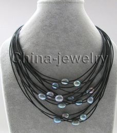 wow ! 17" 15rows 11-13mm black baroque freshwater pearl leather necklace