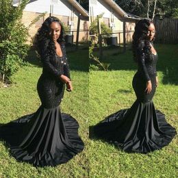 Sparkly Sequin Mermaid Prom Dresses African Black Girl Graduation Party Gowns Evening Dresses Long Sleeve Scoop Neck vestido de festa longo