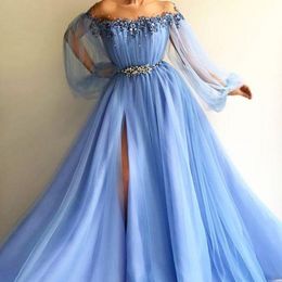Sky Blue Pearls Beaded Prom Dresses Sheer Long Sleeves A Line Evening Gowns Front Split Saudi Arabia Formal Party Dress Custom Made