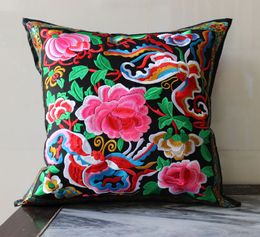 Chinese Full Embroidered Flower Decorative Cushion Covers for Sofa Chair Lumbar Back Cushion Vintage Ethnic Satin Pillow Cover Case 45x45 cm