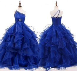 2021 Royal Girls Pageant Dresses One Shoulder Ruffles Puffy Ball Gown Crystal Beading Formal Kids Prom Dresses Flower Girls Dresses