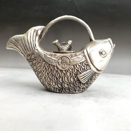 images china Australia - China ancient Tibetan silver wine pot pure hand carved goldfish image.