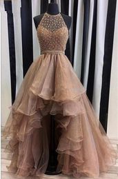 Newest High Low Prom Dresses Halter Sequins Beaded Tiered Organza Skirt Sparkly Backless Prom Party Dresses Graduation Dresses HY4095