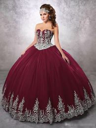 Cheap Burgundy Beaded Ball Gown Quinceanera Dresses Sweetheart Neckline Appliques Prom Gowns With Jacket Tulle Lace-up Back Sweet 16 Dress