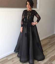 Modest Winter Long Sleeve Black Evening Dress Jewel Neck Lace Appliques Organza A Line Floor Length Party Gowns Custom Size