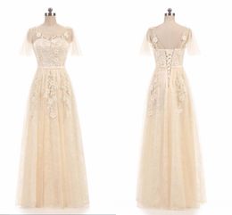 2019 Champagne Boho Short Sleeve Evening Dresses Long Lace Hand Made Flowers Pearls Applique Scoop V Back Lace-up Prom Dress Formal Gowns