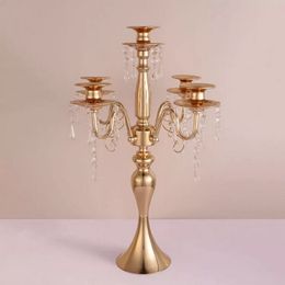 55cm Tall 5 Arms Gold Iron Metal Candelabra with Glass Hanging Beads Wedding Decoration Table Centrepiece Candle Holders