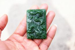 Free delivery - beautiful (outer Mongolia) emerald dragon dance (amulet). Hand-carved rectangular necklace pendant.
