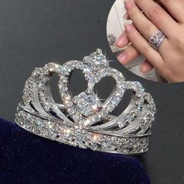 Fashion Jewelry Crown White Sapphire Birthstone 925 Silver Wedding Bridal Ring Sz 6-10
