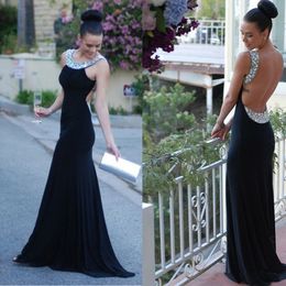 Backless Long Sexy Prom Crystal Black Mermaid aftonklänningar Graduation Dresses Party Dress Open Back Custom Made Made
