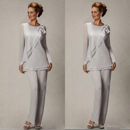 Elegant Plus Size Silver Pants Suit For Mother of The Bride Groom Beaded Chiffon Wedding Party Evening Gowns