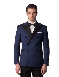 Double-Breasted Navy Blue 2 Piece Suit Groom Tuxedos Men Wedding Blazer High Quality Men Business Dinner Prom Suit((Jacket+Tie+Pants) 1211
