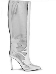 Design unico Bling Bling 2018 Stivali da donna in pelle a specchio argento Punta a punta Tacco sottile Night Club Boot Donna Autunno Inverno Scarpe