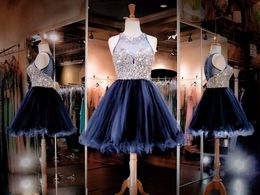 Glamous Evening Dresses New Navy Blue Illusion Neckline Beaded Bodice Short Organza Homecoming Prom Dresses DH1631