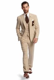 Excellent Slim Fit Beige Groom Tuxedos Groomsman Men Formal Business Suits Men Prom Dinner Suit Customize(Jacket+Pants+Tie+Vest)NO:848