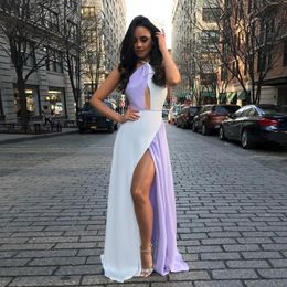 White&Purple Multi Colour Halter Front Split Prom Dresses Backless Sleeveless Long Evening Dresses vestidos de fiesta