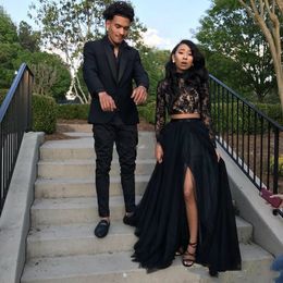 African Long Sleeve Split Black Lace Prom Gowns 2 Pieces Prom Dresses High Neck Party Dress Graduation Dresses vestido de festa longo