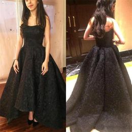 Vintage High Low Black 2018 Prom Dresses Strapless Lace Appliqued Beads Evening Gowns Custom Made Formal Party Dress