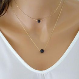 925 Silver Gold Plated Aromatherapy Essential Oil Diffuser Black Lava Stone Vintage Vintage Multilayer Chain Rock Beads Necklace Jewelry