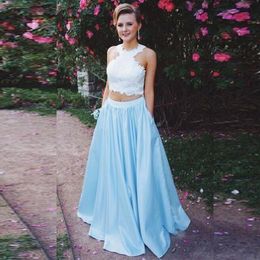 Two Pieces Prom Dresses Long Formal Evening Party Gowns Halter Neck Sleeveless White Lace Crop Top A Line Skirt with Pockets Custom