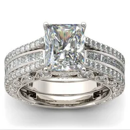 Vintage Jewellery Wedding Rings 925 Sterling Silver Princess Cut White Topaz CZ Diamond Gemstones Eternity Women Engagement Bridal Ring Set For Lover Gift