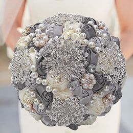 Luxury Crystal Bridal Bouquet Satin Roses Bridesmaid Bride Flower Bouquet Wedding Home Decoration Party Accessory Flores