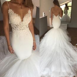 Ivory Sexy Spaghetti Straps Boho Mermaid Beach Wedding Dress Backless Bridal Lace Tulle Long Train Wedding Gowns For Bride Dresses