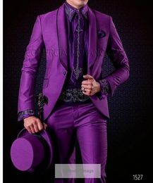 Fashion Purple Slim Fit Groom Tuxedos Shawl Lapel One Button Men Wedding Suit High Quality Men Business Prom Dinner Blazer(Jacket+Pants+Tie)