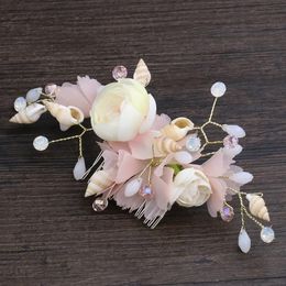 New Seashell comb, pink silk, floral head dress, banquet headgear, bridal ornaments