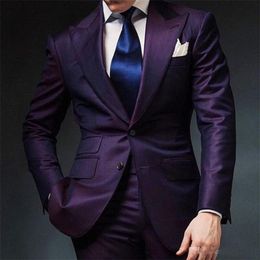 Purple Mens Wedding Suits Groom Tuxedos 2018 Two Piece Peaked Lapel Two Button Custom Made Groomsmen Suit Jacket Pants231j