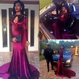 2K18 Black Girl African Prom Dresses Sexy Keyhole Bateau Beaded Crystal Long Sleeves Party Dress Burgundy Velvet Mermaid Evening Gowns