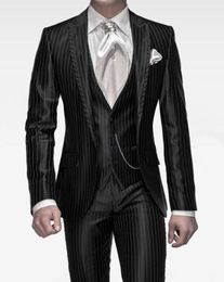 Custom Made Groomsmen Peak Lapel Groom Tuxedos Black with Strips Men Suits Wedding/Prom/Dinner Best Man Blazer(Jacket+Pants+Tie+Vest) K849
