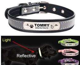 FLOWGOGO Reflective Leather Personalised Engraved Dog Collar Custom Puppy Cat Pet Collars ID Tag For For Small Medium Dogs