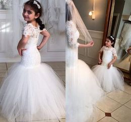 Cute Mermaid Flower Girl Dresses For Wedding Bateau Short Sleeve Charming Lace Ruffle Tulle Little Girls Pageant Dress Cheap Party Dress