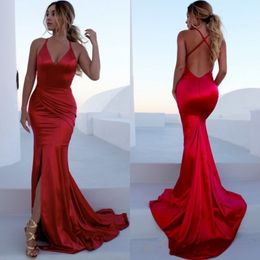 Gorgeous Red Mermaid Prom Dresses V Neck Pleated Satin Criss Cross Back Split Sexy Long Evening Dresses Formal Party Dresses