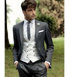 New Style Grey Slim Fit 3 Piece Suit Men Wedding Tuxedos Excellent Groom Tuxedos Men Business Dinner Prom Blazer(Jacket+Pants+Tie+Vest) 879