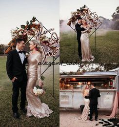 rose garden dress UK - Vintage Blush Rose Gold Country Wedding Dresses with Long Sleeve 2019 Backless Luxury Sequins Outdoor Garden Bohemian Cheap Wedding Gown