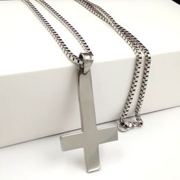 Regalos para hombre de plata de la manera cruz invertida al revés cadena de Down Cruz colgante de acero inoxidable collar de la caja católica 18-32 ''