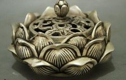 Old China Buddhism Silver Brass Lotus Shape Set Statue Box Incense Burner Censer