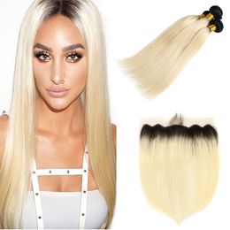 Brazilian Honey Blonde Straight Hair Bundles with Lace Frontal Closure Coloured 613 Platinum Blonde Human Hair Weaves with Full Lace Frontal