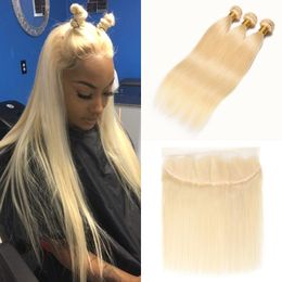 Brazilian Straight #613 Blonde Bundles and Lace Frontal 10-24 Inch 9A Blonde Hair Vendor Peruvian Human Hair Weave 613 Blonde Extensions