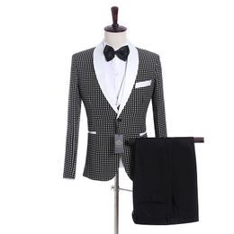 Black white point Groom Tuxedos One Button Side Vent Groomsmen Blazer High Quality Men Business Prom Suit(Jacket+Pants+Tie+Vest) 420